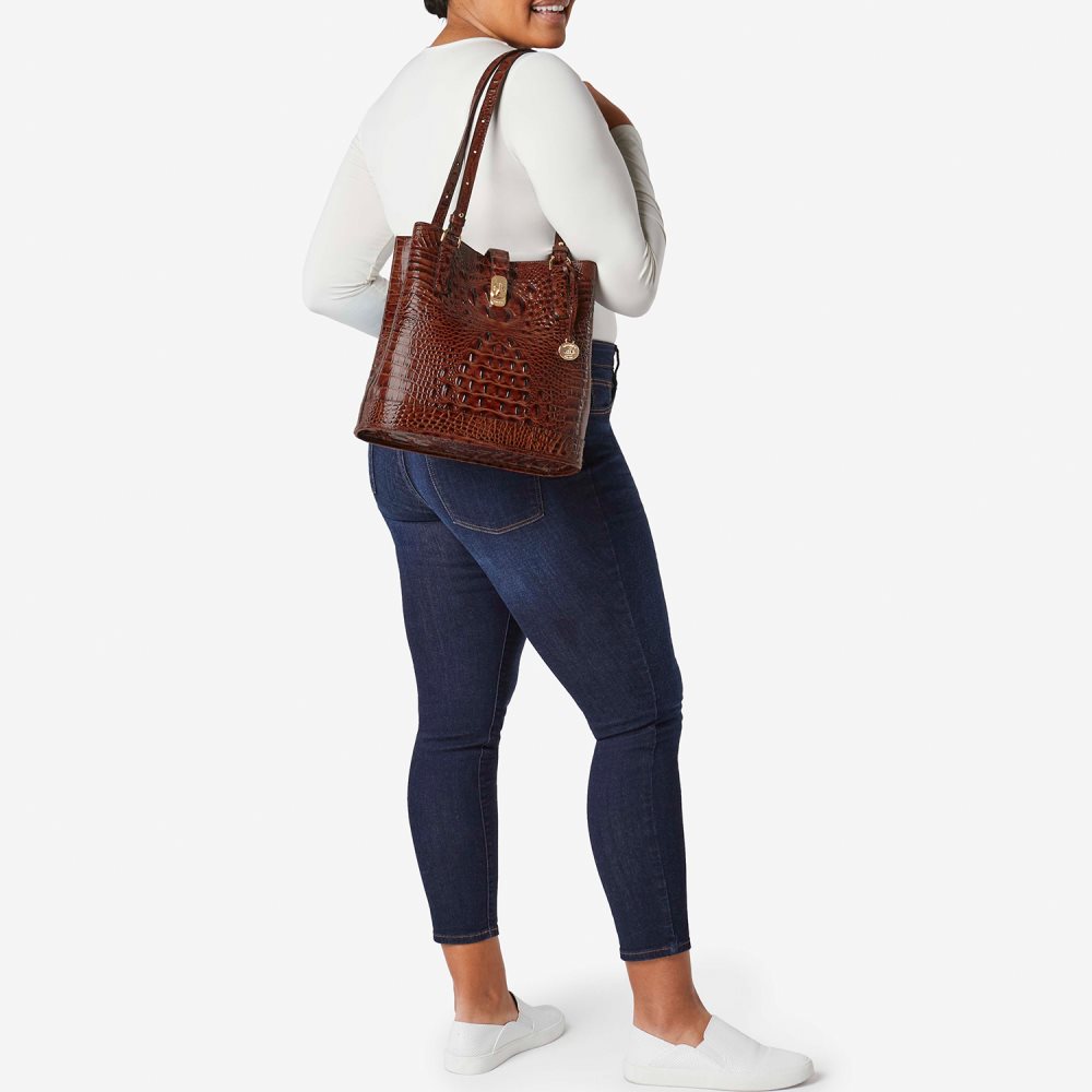 Brahmin Fiora Brown Leather Bucket Bag | Pecan Melbourne ID:Brahmin-203502