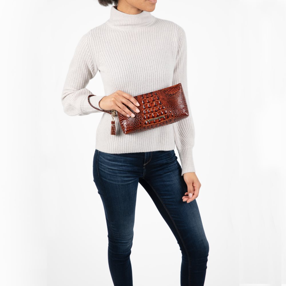 Brahmin Kayla Brown Leather Wristlet | Pecan Melbourne ID:Brahmin-203754